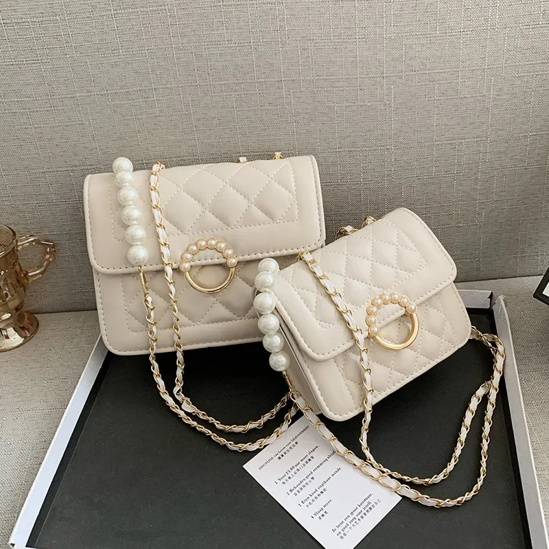 High Quality Small Bag 2021 Spring and Summer New Pearl Chain Advanced Korean Style Diamond Small Bag Shoulder Messenger Bag for Women