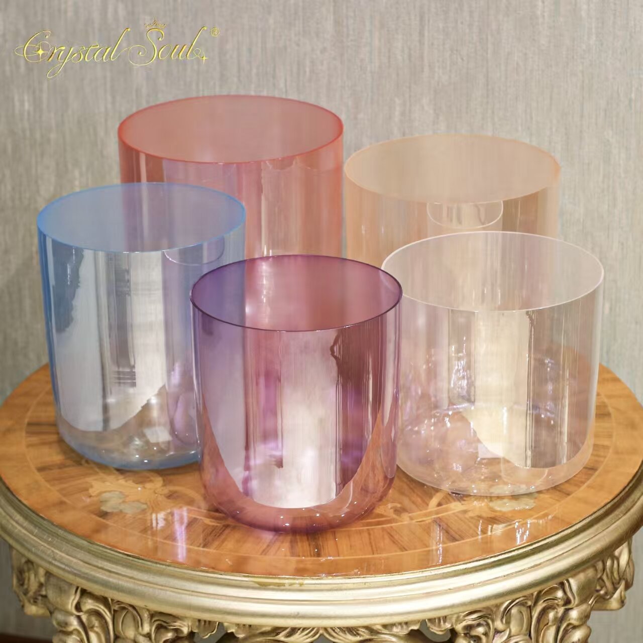 Crystal Soul Large Size 7-8.5 Inch Five Element Pearl Colored Alchemy Quartz Crystal Singing Bowl Set Sound Bath Chakra Balancing Yoga Meditation Reiki Sound Healing Percussion Musical Accessories Instrument