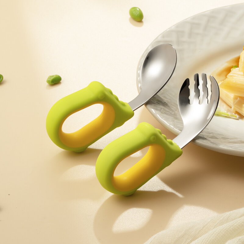 pixybaby | Baby Self-feeding Training Spoon Stainless Steel Silicone Fork and Spoon