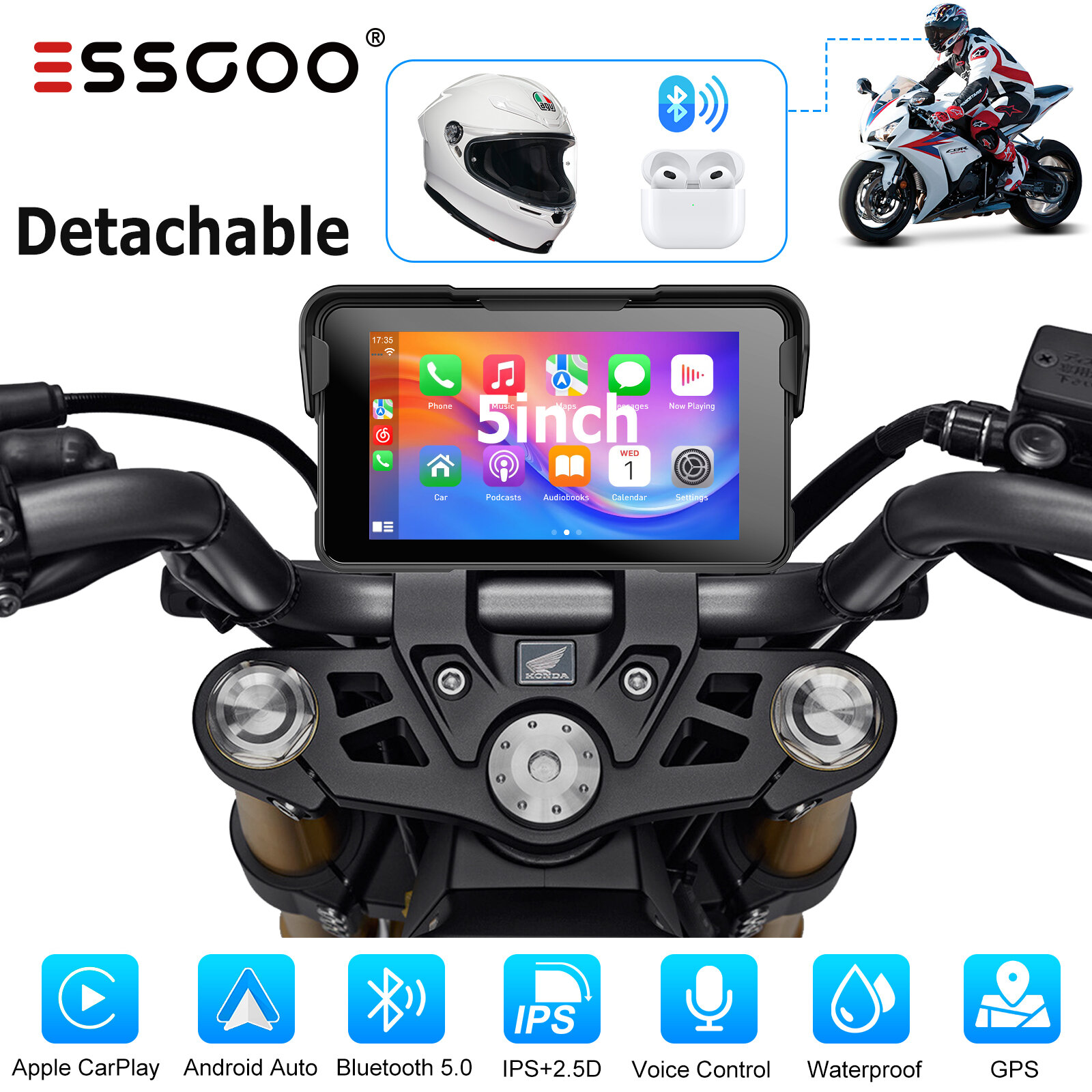 ESSGOO 5 Inch Motorcycle Portable Detachable Player Wireless Carplay & Android Auto IP67 Waterproof With Sunshade Support Map Navigation Voice Control Bluetooth Stereo ราคา 2,099 บาท*ส่งฟรี