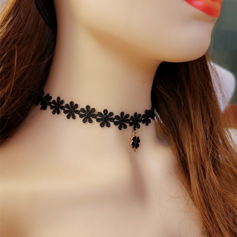 Black Elegant Fabric Handmade Lace Choker Necklaces/Bracelets Jewelry Set  Neckband for Women, Neck Chain Collar Statement with pendant-6Pack/4Pack