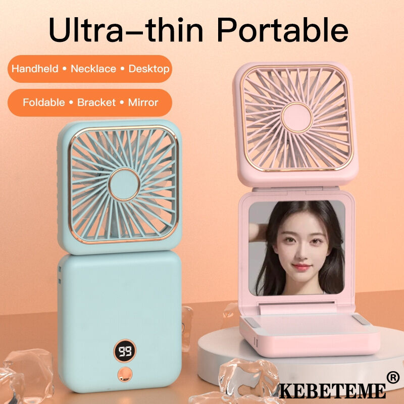 KEBETEME MINI Foldable Electric Fan with Beauty Mirror Display Handheld Portable Mobile Phone Stand USB Charging Summer Fan for Students Outdoor Camping ราคา 327 บาท*ส่งฟรี