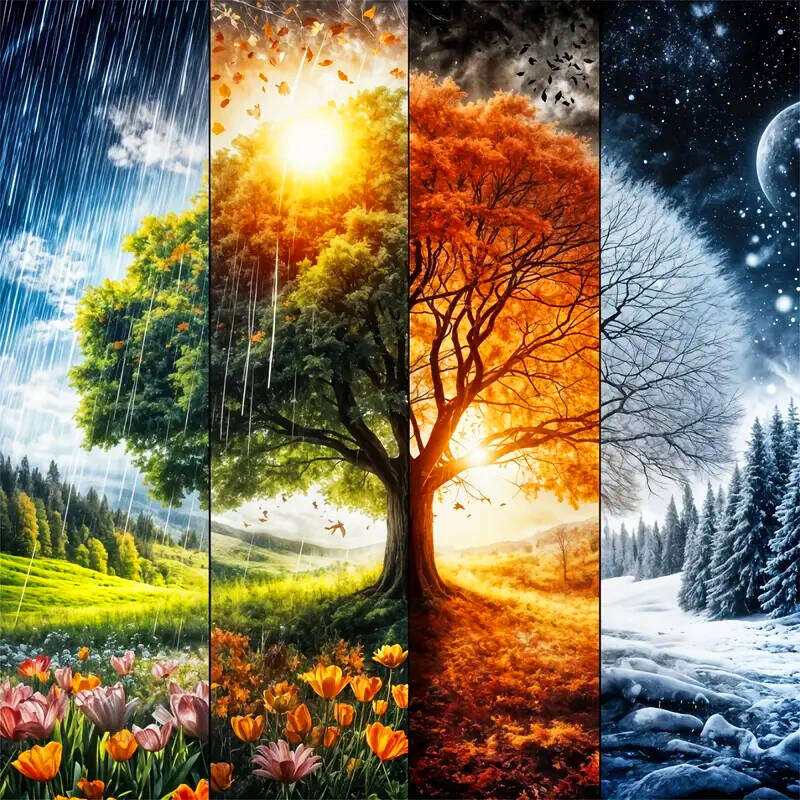 Four Seasons Cross Stich Tree Flower Landscape 11CT Full Printed Fabric Embroidery Kits Complete Set Handmade Home Decor