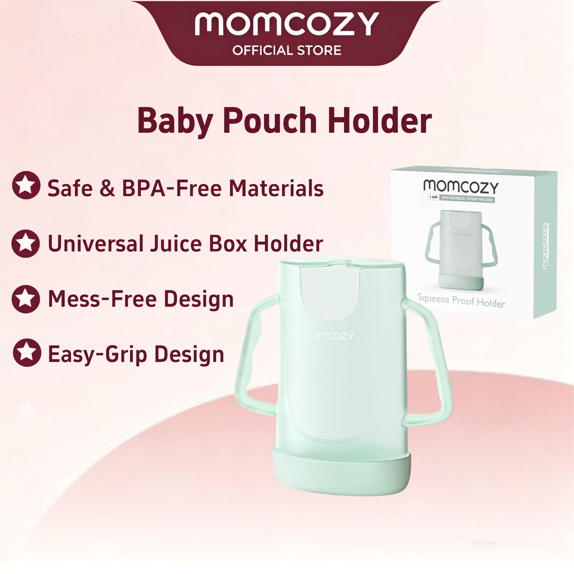 Momcozy Baby Pouch Holder No Squeeze, Baby Food & Juice Box Holder, Mess-Free, Easy Grip for Self-Feeding, BPA-Free & DEHP-Free, Must-Have for Babies, Green ราคา 349 บาท*ส่งฟรี