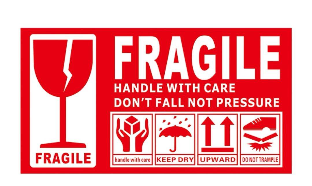 100pcs of Warning Label FRAGILE Sticker Fragile Label suits for DHL Poslaju J&T LEX GDEX Skynet Pgeon 9cm. 