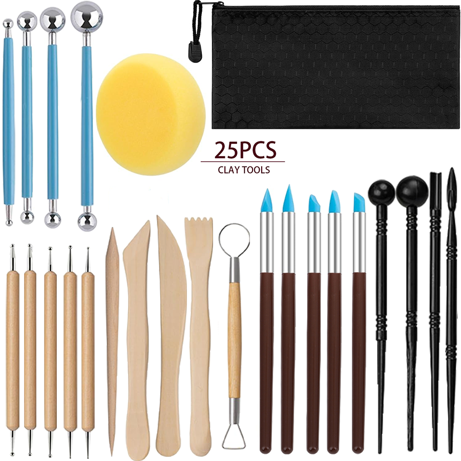 25/40Pcs Pottery & Clay Sculpting DIY Tools Double Sided Air Dry Ceramic Clay Carving Tool Set Pottery Modeling Smoothing