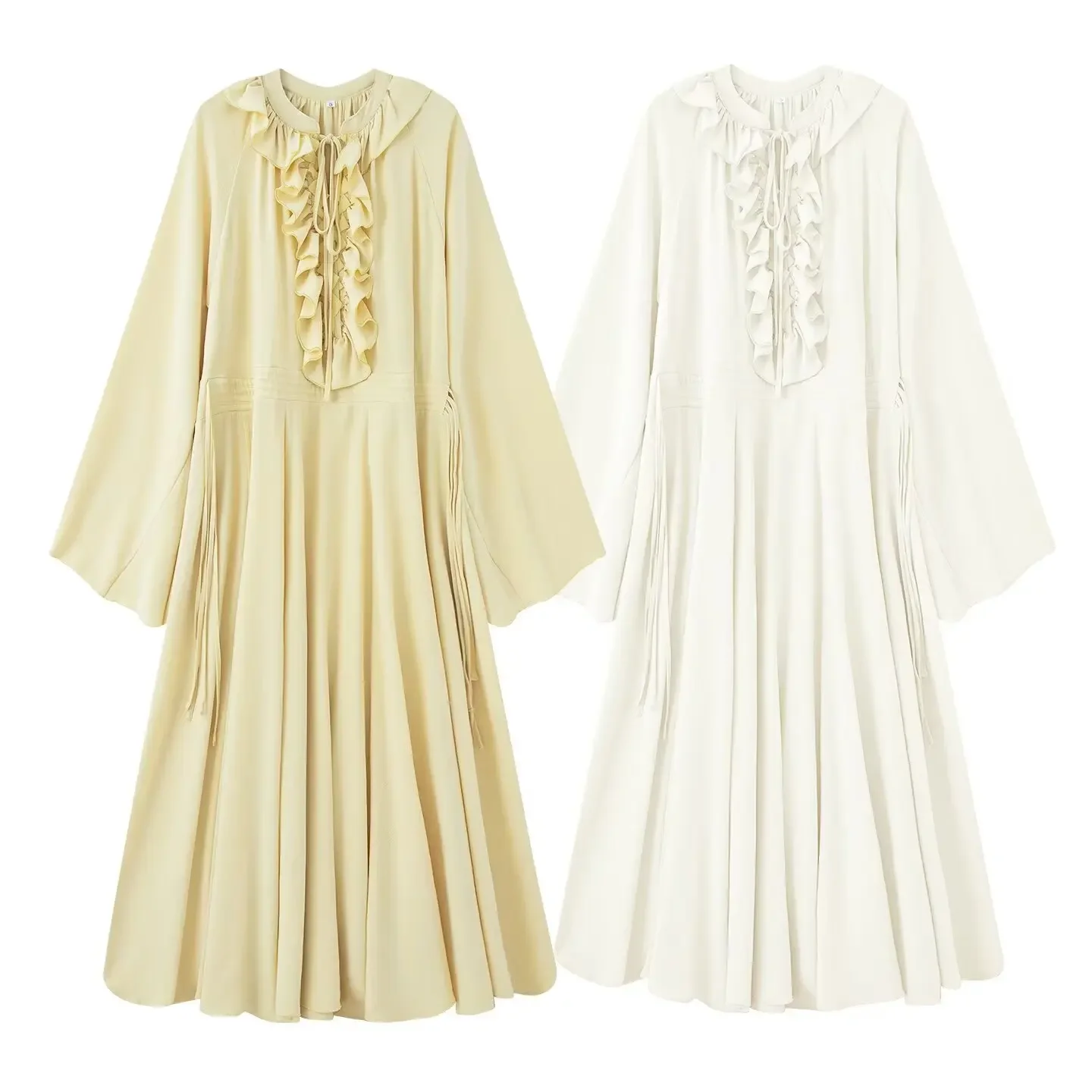 Fashionable Loose Women's Shirt Summer 2025 Color Block Lace Trim Belted Midi Dress round Neck Full Sleeve Casual Wear