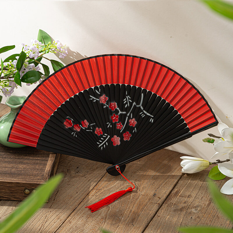 Double-Sided Folding Fan Traditional Chinese Dance Fan Portable Easy to Open And Close Flag Dress Fan with Tassel Gift Fan Case