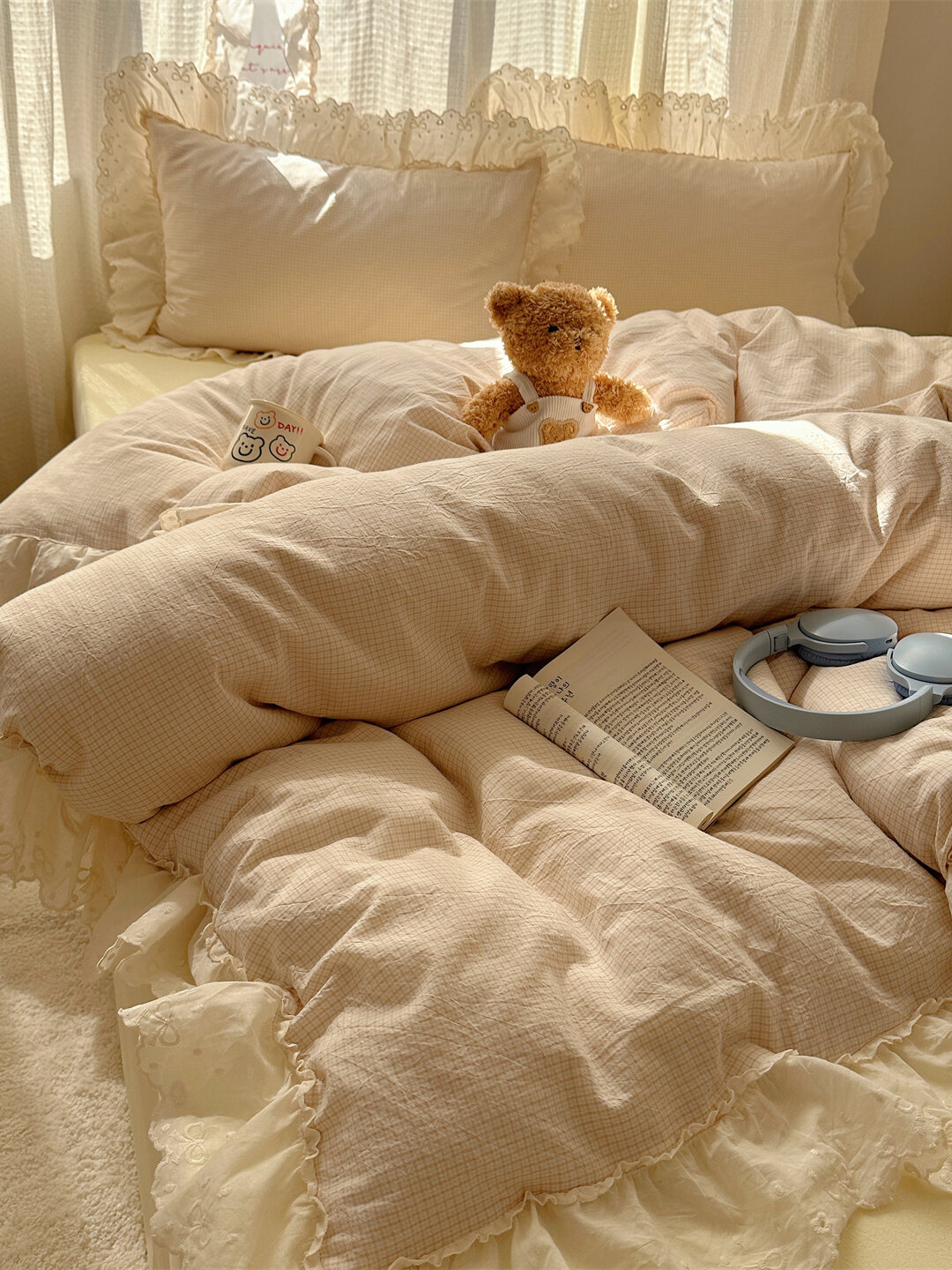 Princess Style Bedding Set French Girl Creamy Small Grids Full Cotton Washed Cotton Bedding Four-Piece Set with Lace Coverlet Harga  182 Ringgit*Penghantaran Percuma