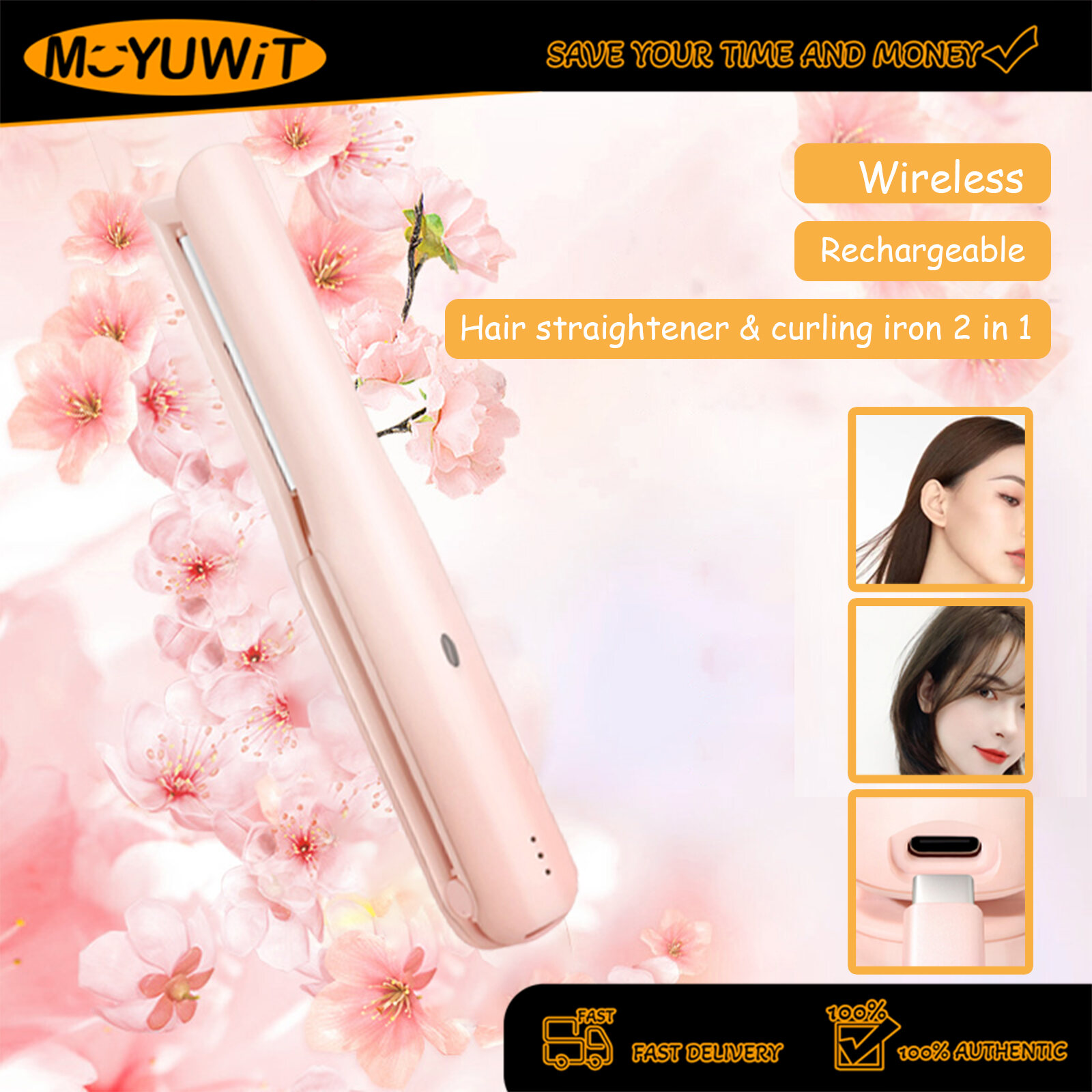MOYUWIT 2 In 1 Mini Hair Straightener and Hair Curler TYPE-C USB Rechargeable Hair Iron and Curling Wand Wireless Portable Hair Styling Tool for Curls or Waves