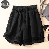 Lieoyuarn | Summer Breathable Loose Lace Shorts Women Elastic Waist Cotton Linen Blend Casual Retro Floral Embellished Shorts Lightweight Comfortable Fit
