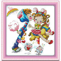Cross Stitch Set Baby Boy and Girl Child Character Complete Kit with Pattern 14/11CT