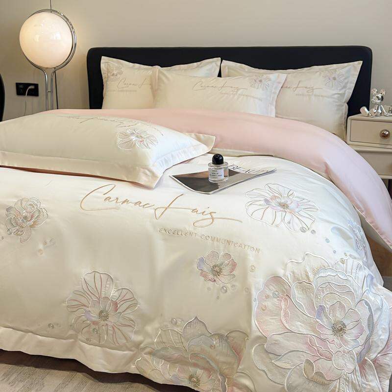 Luxurious Long Velvet Cotton Bare Sleep Pure Cotton Four-Piece Set Bedding Single Bed Canopy Embroidered Skin-Friendly Harga  182 Ringgit*Penghantaran Percuma