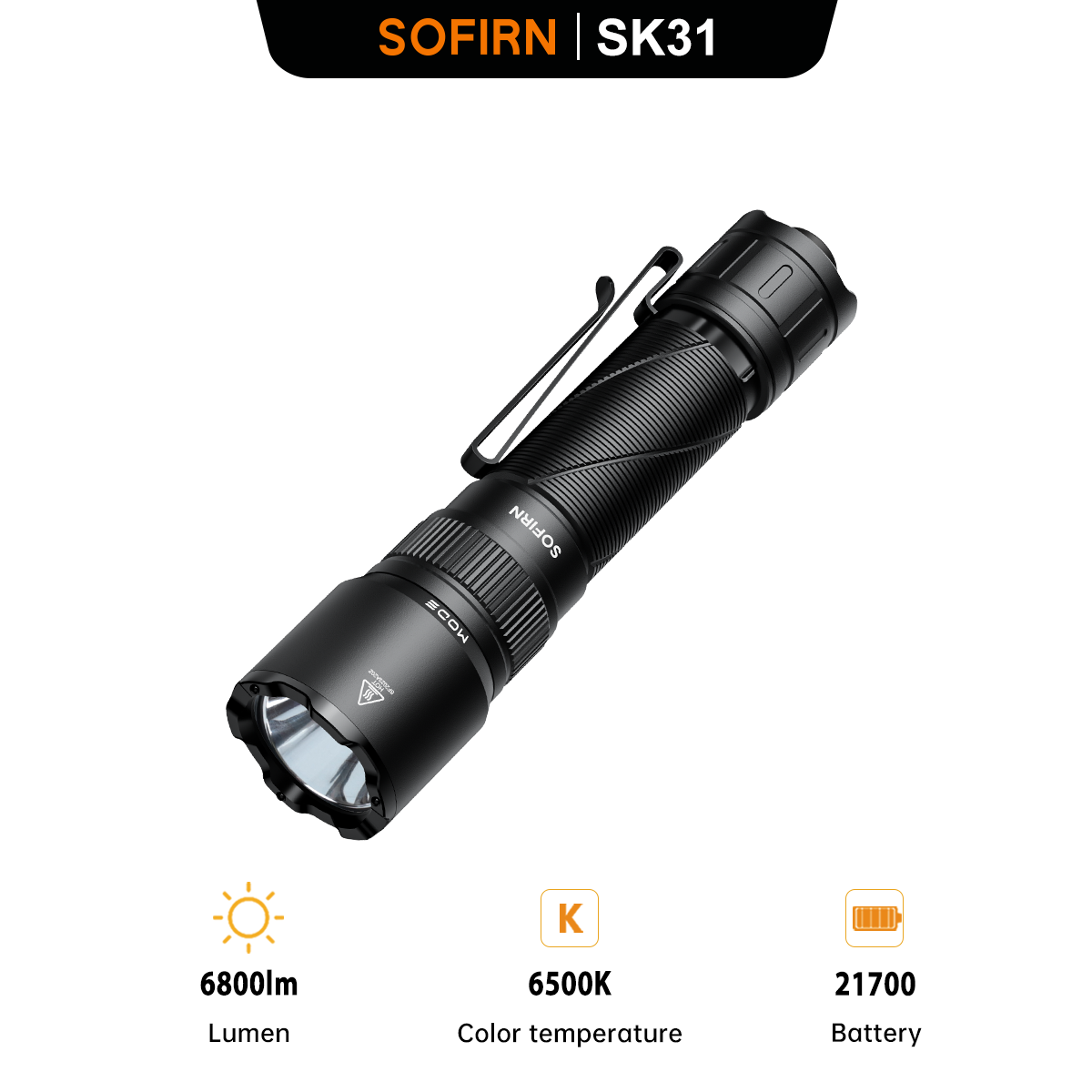 Sofirn SK31 LED Flashlight Max 6800 Lumens 6500K-7000K Cool White Light with adjustable spot/flood modes triple control switches Type-C charging support and a 5000mAh removable battery