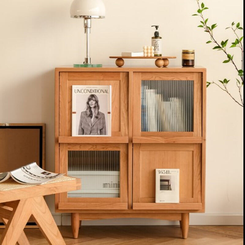 JapaneseStyle Bookcase Solid Wood Rattan Glass Magazine Modern