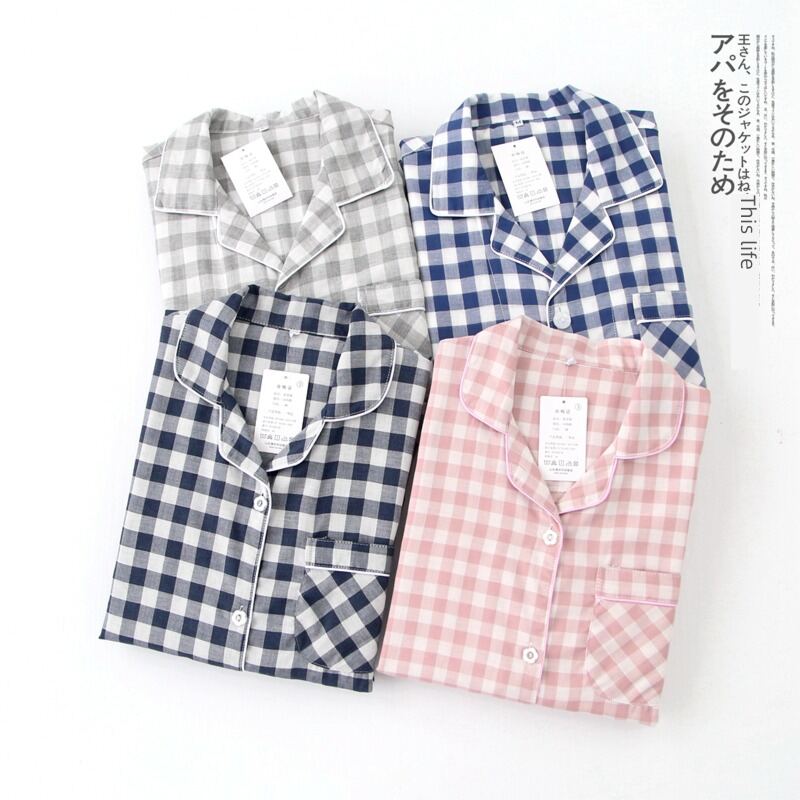 Cotton Flannel Plaid Sleepwear Long Sleeve Home Clothes Set for Couples Summer Lightweight Breathable Pure Cotton Pajamas
