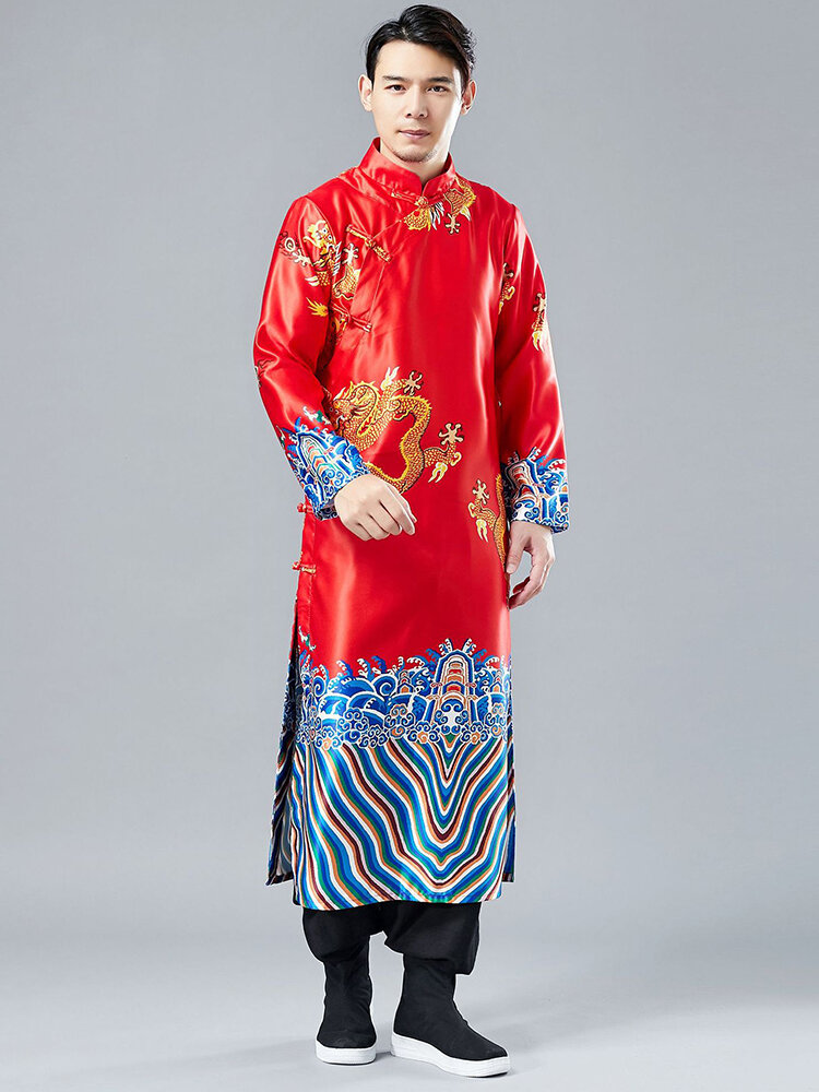 Chinese Style Dragon Pattern Print Long Shirt Chinese Style Han Chinese Clothing Men's Performance Wedding Clothing Mid Length Long Length Republic of China Robe Outwear Harga  265 Ringgit*Penghantaran Percuma