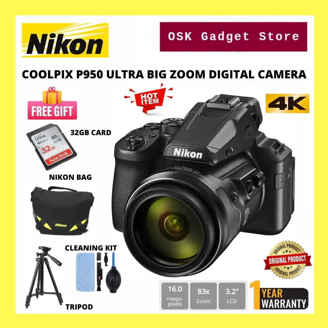 Nikon Coolpix P950 Ultra Zoom Camera | 83x Zoom | 4K UHD | WiFi Bluetooth | With Free Gifts (1 Year Original Official Warranty)