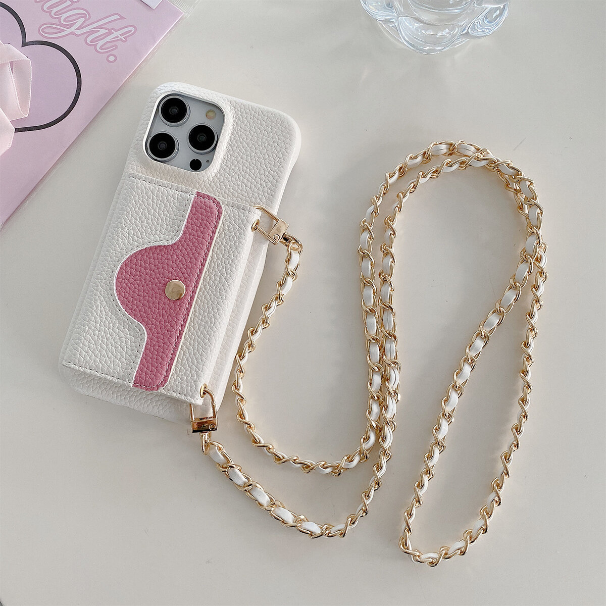 Luxury Wallet Phone Case With Metal Chain And Mirror For Iphone_voghion.com