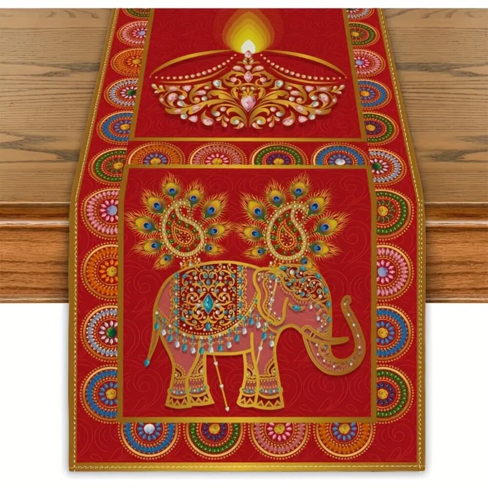 VIKAMA Indian Diwali Table Runner Elephant Floral Pattern Red Gold Blue Polyester Easy to Clean Wedding & Home Decor