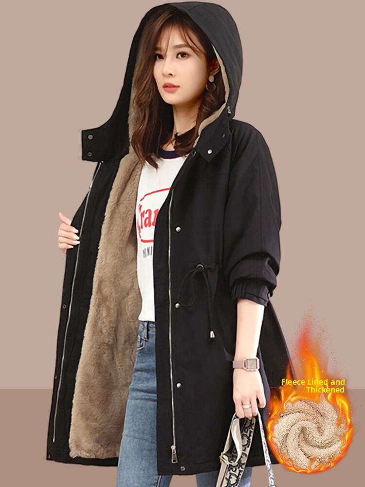 Women's Mid-Length Parka Cotton Jacket Autumn Winter Thickened Loose Fleece Lined Coat Korean Style Commute Long Sleeve Zipper
