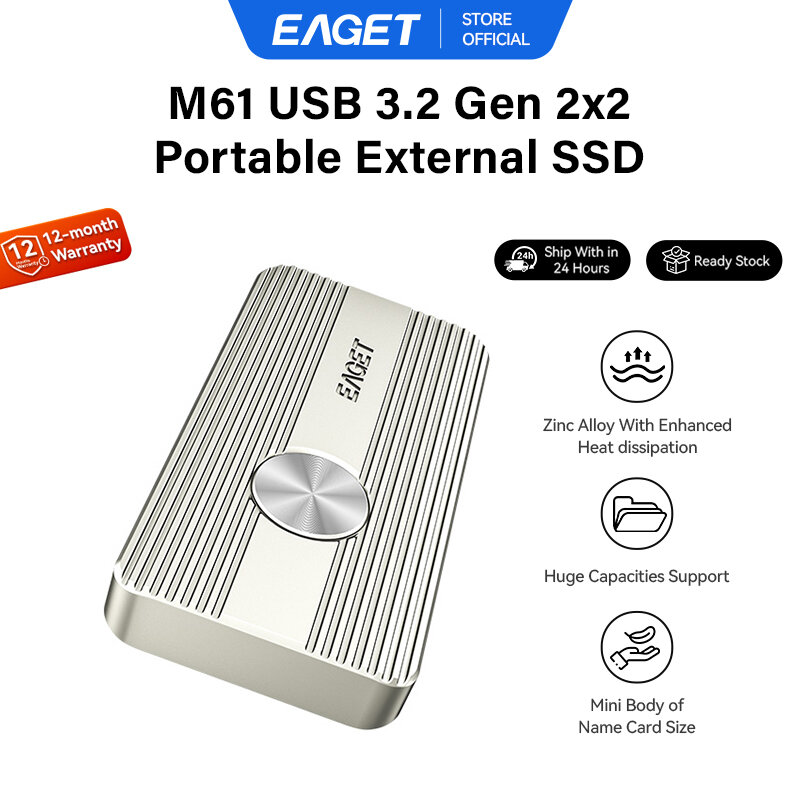 EAGET M61 Portable External SSD USB3.2 Gen 2x2 Type-C For PC Desktop&Laptops (Read 2000MB/s) ราคา 7,614 บาท*ส่งฟรี