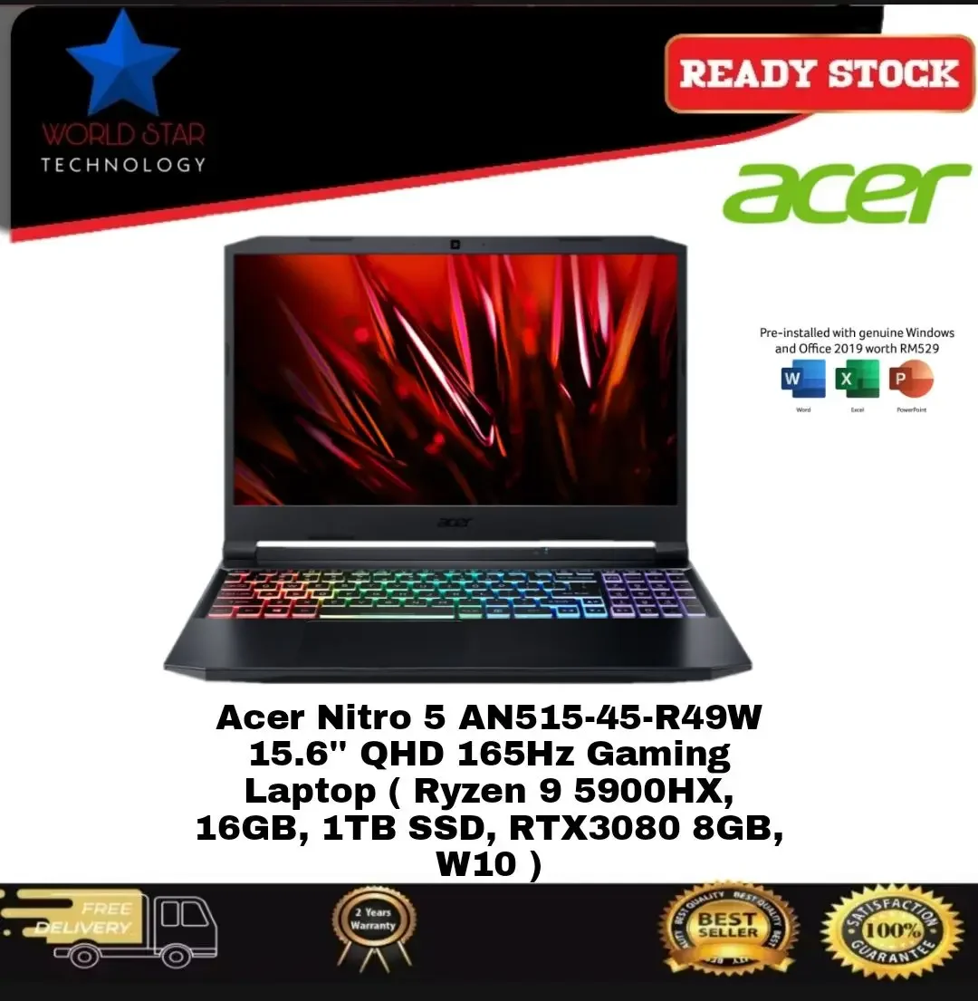 Acer Nitro 5 AN515-45-R49W 15.6'' QHD 165Hz Gaming Laptop ( Ryzen 9 5900HX, 16GB, 1TB SSD, RTX3080 8GB, W10 )