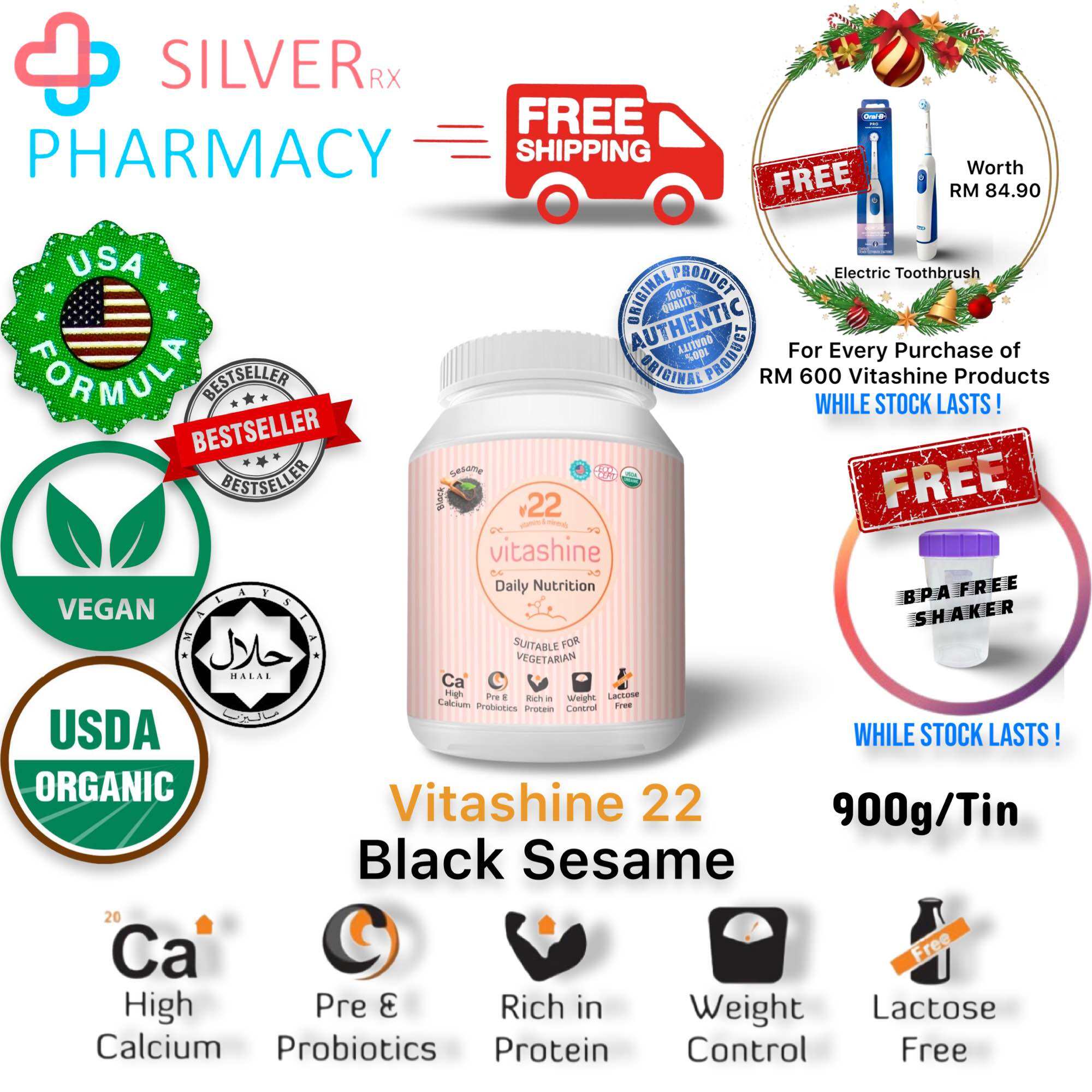 [Free Shaker] Vitashine 22 Daily Nutrition Vanilla/Black Sesame Flavour 900g