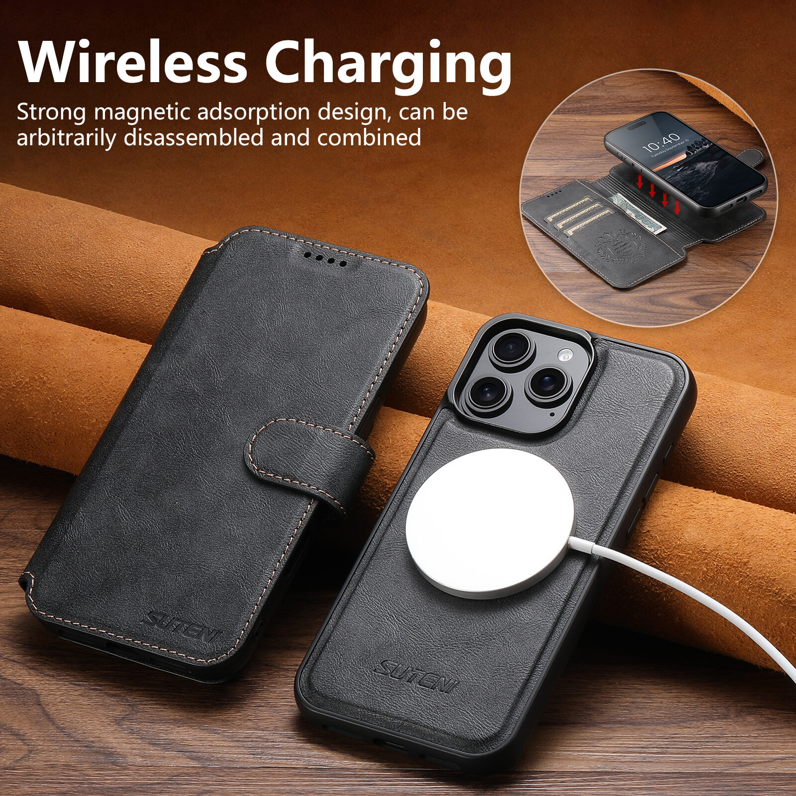 Magnetic Phone Case With Wireless Charging & Card Holder Wallet_voghion.com