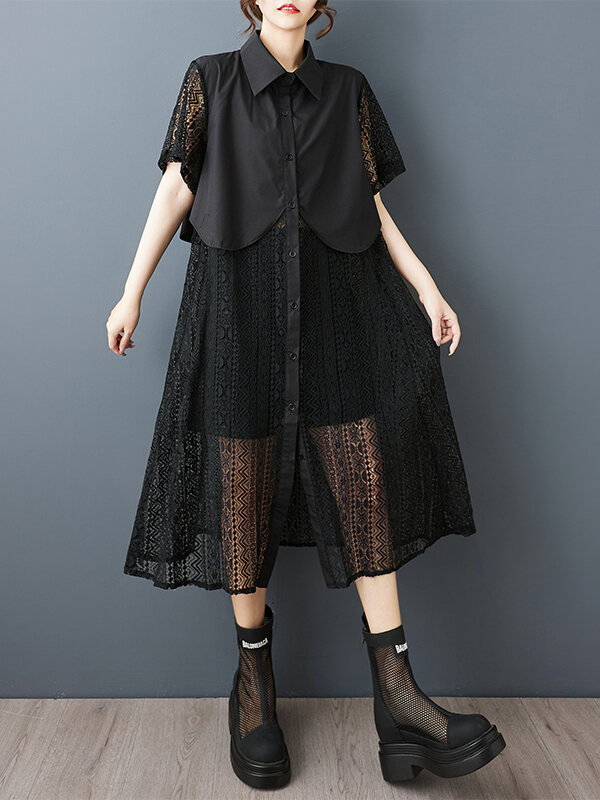 Elegant White Lace Patchwork Collar Short Sleeve Long Shirt Women's Top Polo Collar Shirt Dress Artistic Retro Style Summer New