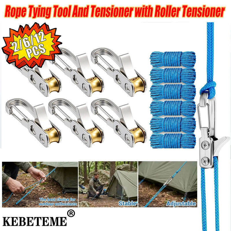 KEBETEME 2/4/6/12PCS Adjustable Rope Lock Rope Tightening Tool Heavy Duty Metal Rope Tensioner with Roller Cord Boating Guyline Adjuster for Backpacking Gear Outdoor Camping Hiking