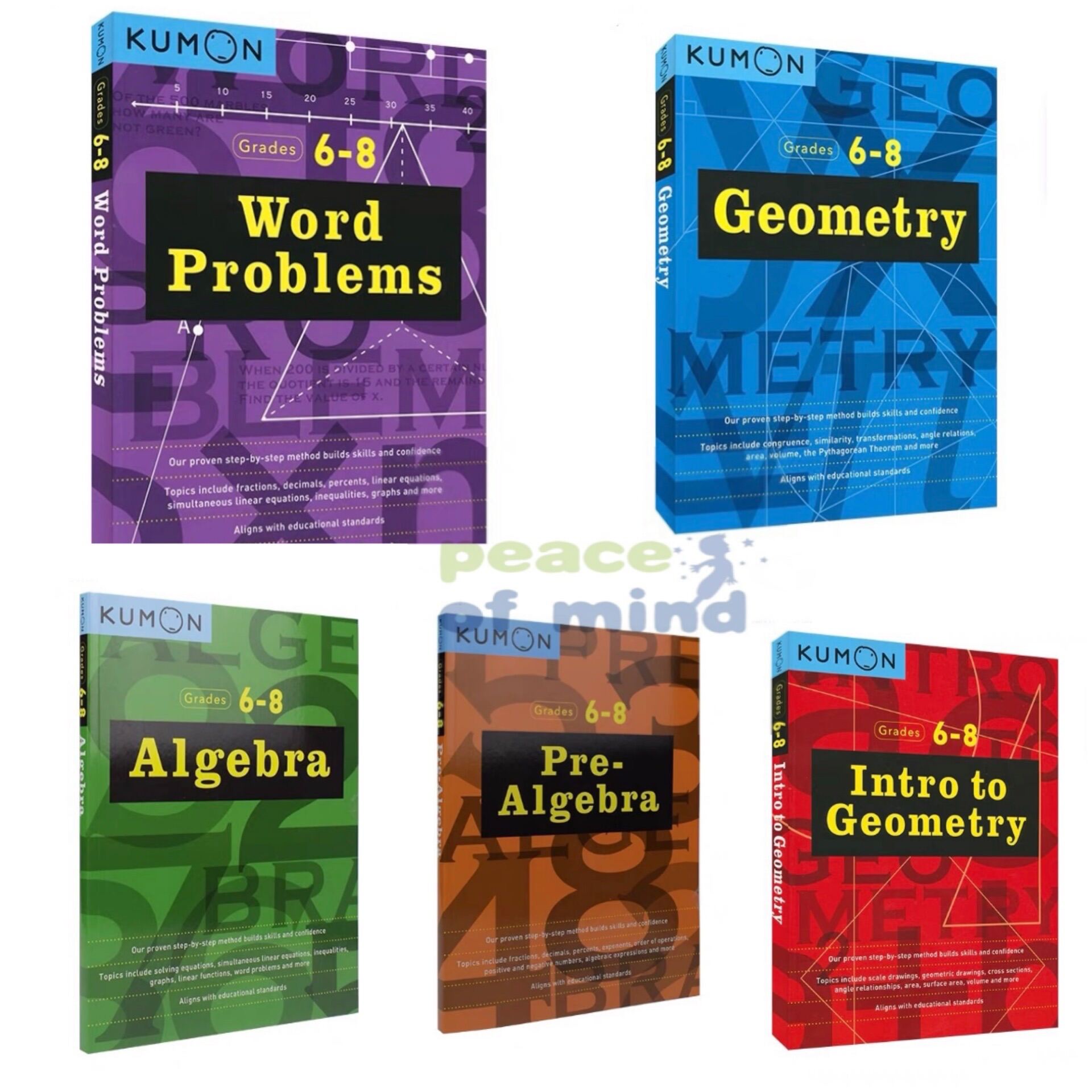 Kumon Math Workbooks Middle School (5 Books) - Pre-Algebra & Algebra + Intro to Geometry & Geometry + Word Problems