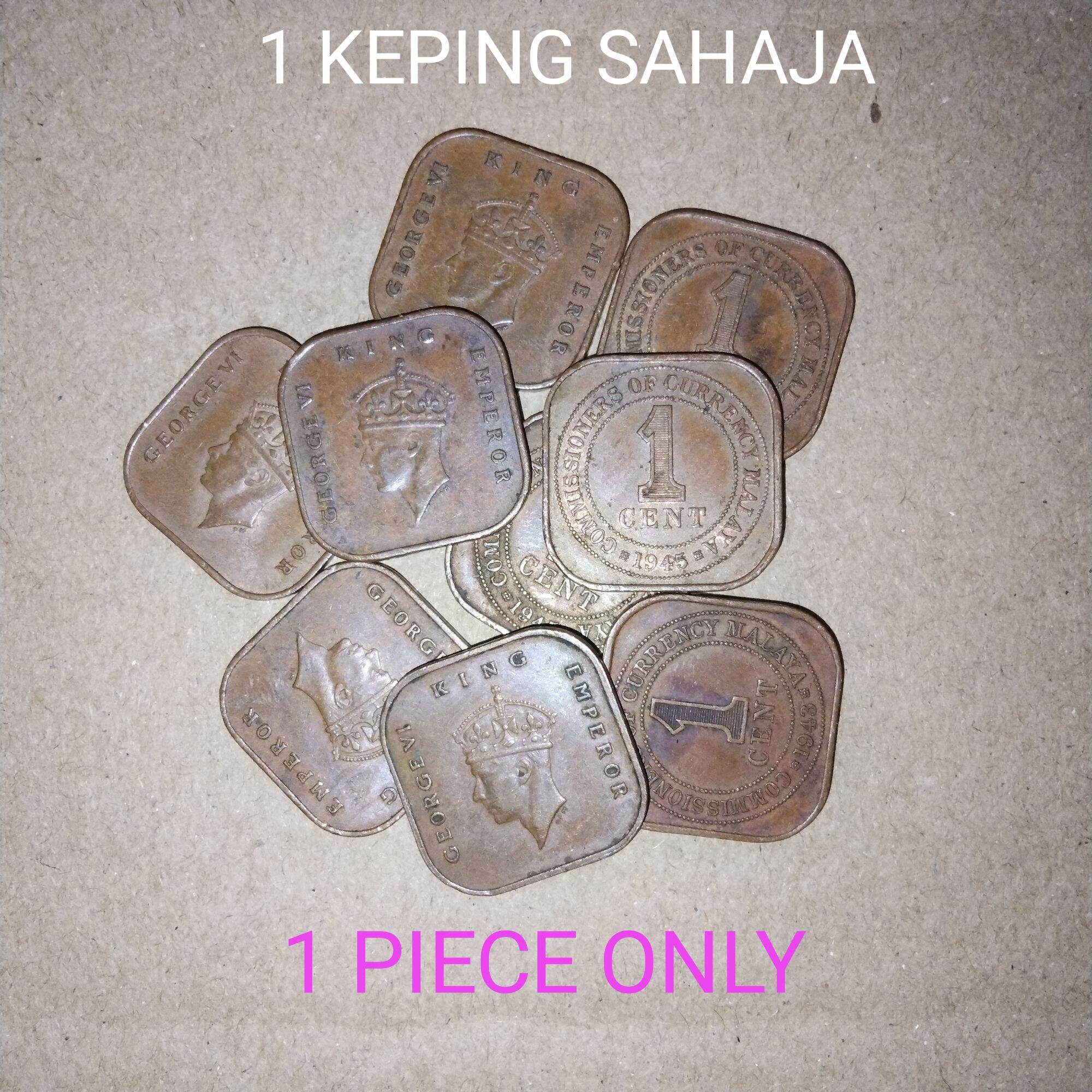 Original 1920 Malaya 1 Cent Bronze Coin King George V Collectible - Square shape 1 Cent denomination 1920 date Straits Settlements inscription bronze material. Displayed on red fabric.