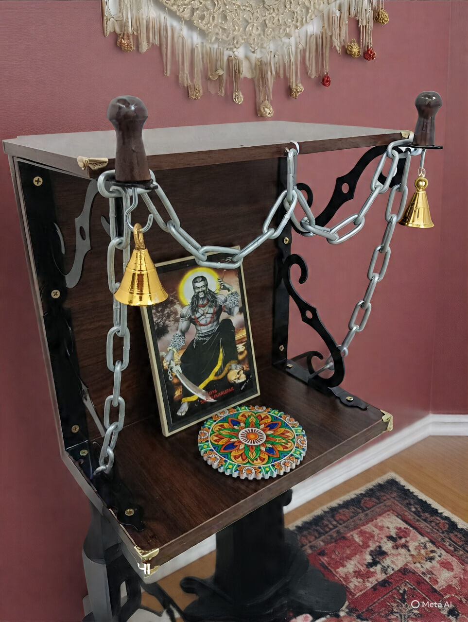 Wall hanging prayer altar Saami MEDAI. new sleek design. wall hanging and table top design. with brass bells sangli (metal chain) ceramic lamp holder coaster. size H31cm x w18cm x L30cm.
