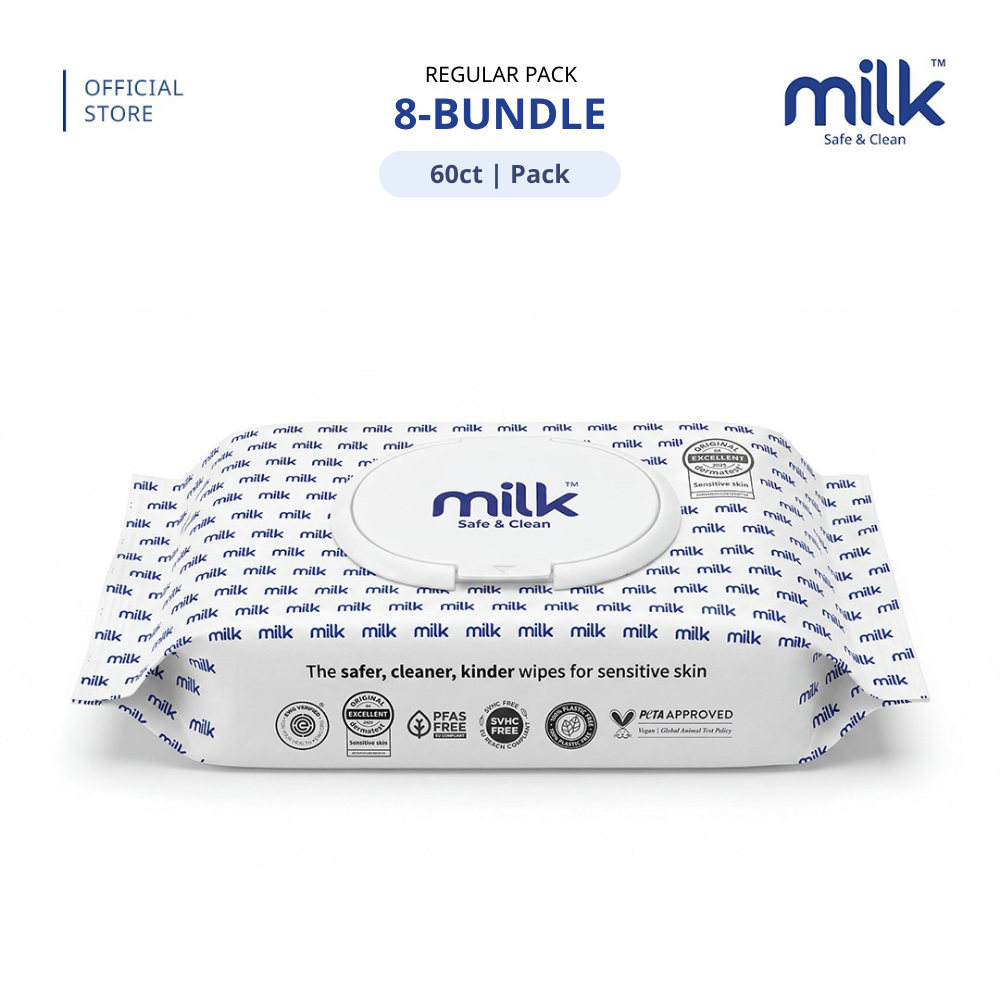 MILK Baby Water Wipes Regular Pack 60s | 99.9% Pure Water | Safe for Face & Mouth [8 Packs]