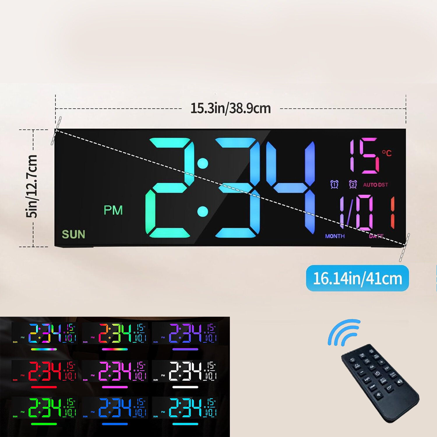 16.2 Large Digital Wall Clock with Remote Control Big LED/Dual Alarm/8 RGB Colors Digital Alarm Clock Electronic Watch