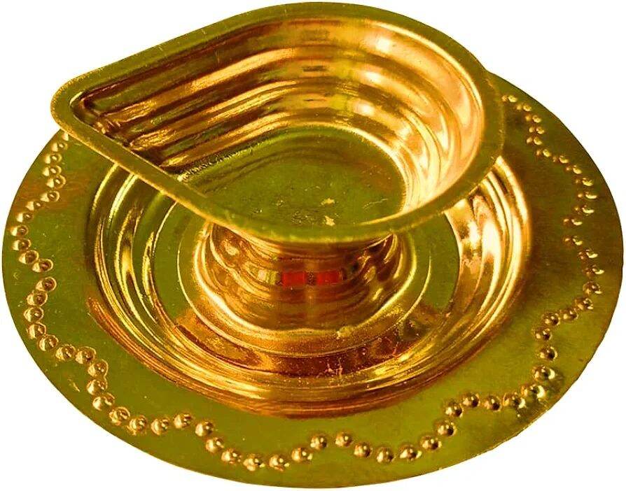 Oil Lamp Diya - Brass Metal Golden Colour Fixed in a Safety Plate - Gift Set - Large Brass Table Diya