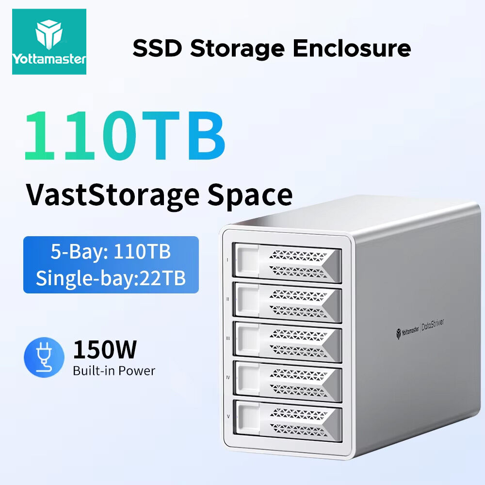 Yottamaster VN500C3 5 Bay 10Gbps USB-C Hard Drive Enclosure, 3.5/2.5 Inch SATA HDD SSD External Storage DAS Box with Built-in 150W Power Supply, Daisy Chain Expandable for Video Editing PC Workstation ราคา 9,787 บาท*ส่งฟรี