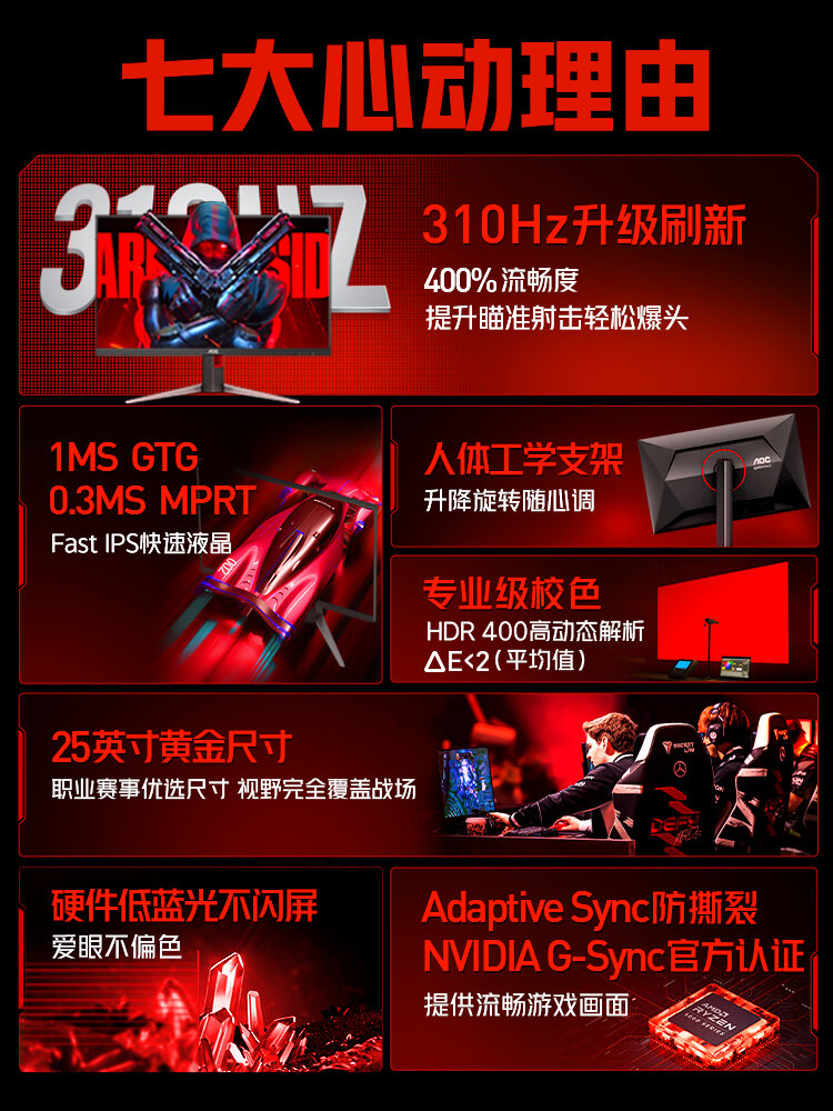 AOC 25G4S 24-Inch Gaming Monitor 300Hz Screen 1K 240Hz Refresh Rate 2K Resolution Fast-IPS Panel Rotatable Wall-Mountable. 