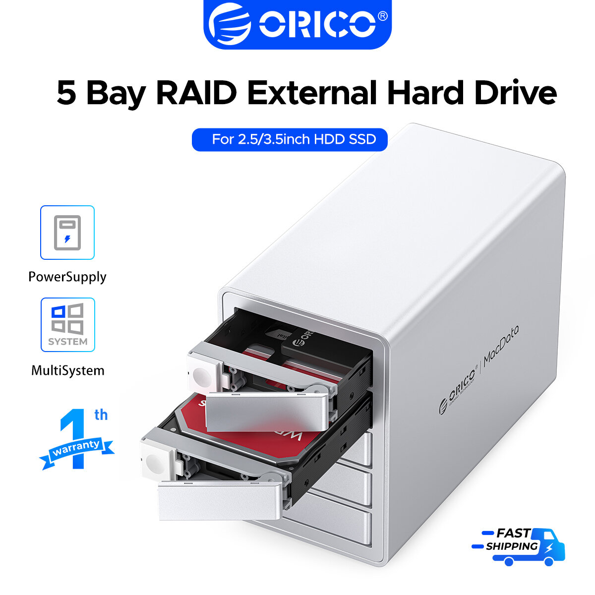 ฮาร์ดดิสก์พกพา External Hard Drive ORICO 5 Bay RAID Enclosure 130TB Max USB 3.0 DAS Storage Station สำหรับ 2.5/3.5 นิ้ว SATA HDD SSD พร้อม 150W แหล่งจ่ายไฟในตัว ราคา 22,486 บาท*ส่งฟรี