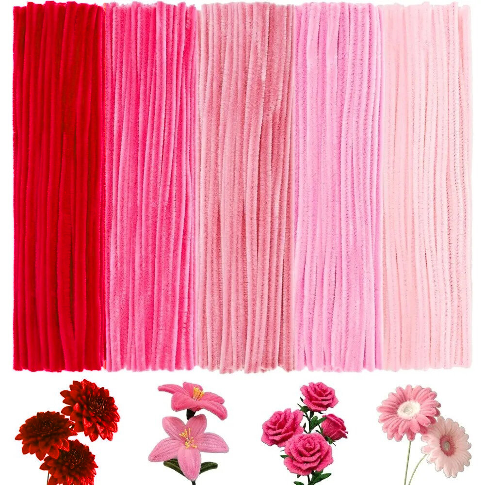 500pcs Pink Pipe Cleaner Red Flower Fuzzy Wire Bulk Pipe Cleaners Chenille Stems Fuzzy Sticks Wire Tiges Chenilles for Craft