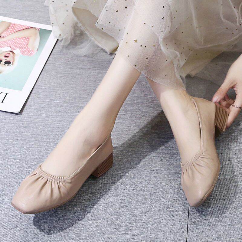 3.5CM Casual Comfortable Stylish Retro Slimming Square Toe Elastic Slip-On Block Heel Women's Shoes Size 35-40 - 3