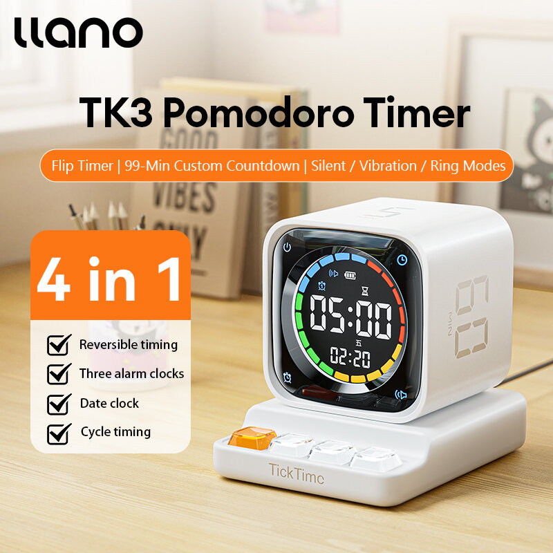 LLANO TK3 4-in-1 Smart Timer | Countdown Pomodoro Alarm Stopwatch | Custom Time | Silent Mode | Large LED Display | Rechargeable & Portable | For Kids Study Work Kitchen