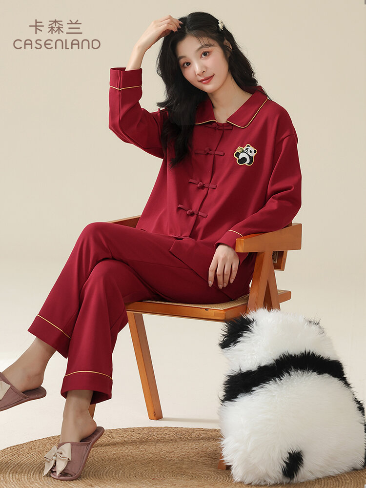 CASENLAND | Spring-Autumn Pure Cotton New Chinese Style Sleepwear Long Sleeve Red Buttoned Sleepwear - Jenama CASENLAND Harga 108 Ringgit*Penghantaran Percuma