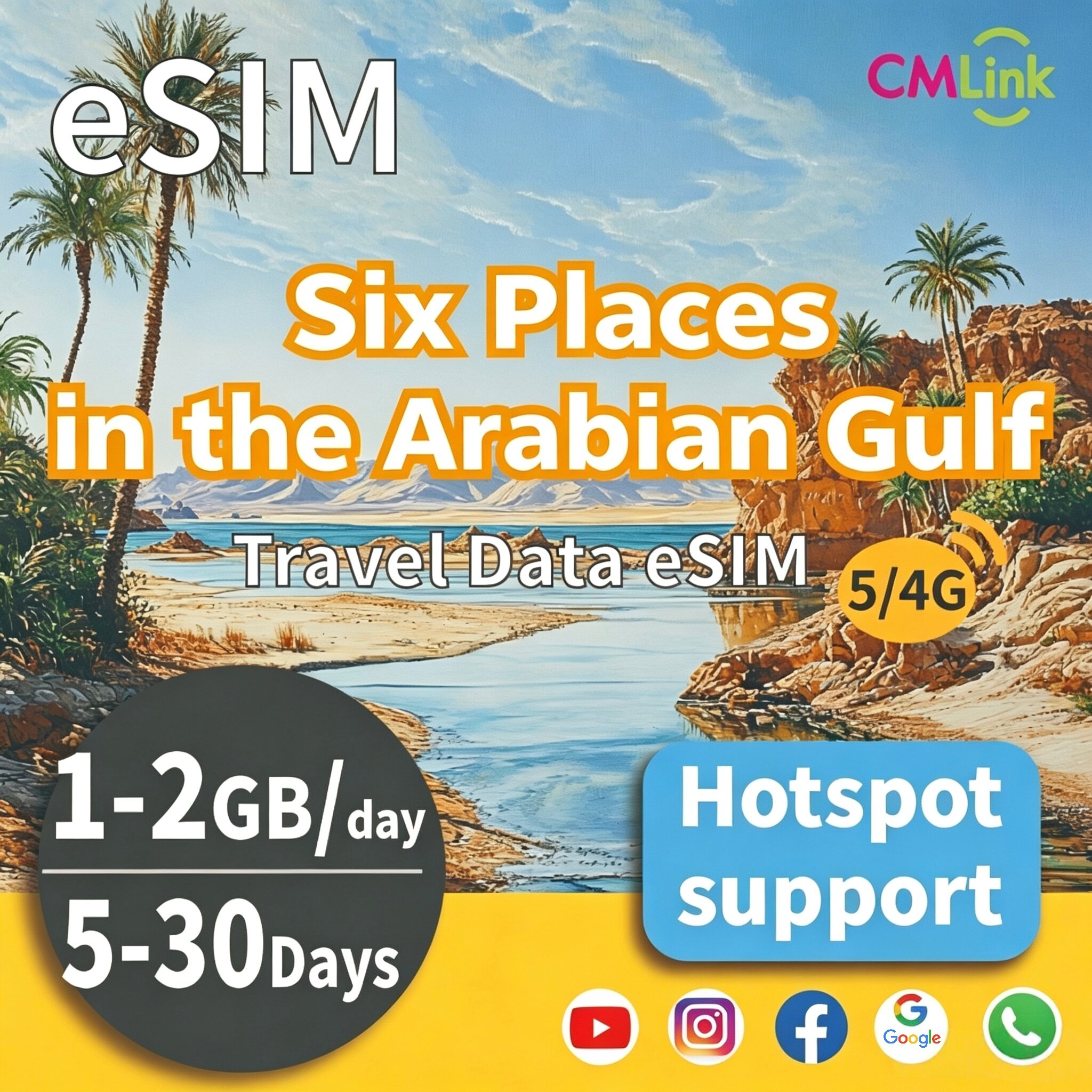 Six Places in the Arabian Gulf Travel Data eSIM Card with Unlimited (5-30 Days, 0.5GB/1GB/2GB Daily High-Speed Data + Hotspot + Top-Up, QR Code Sent to Your Email) Countries Covered:Saudi Arabia, Qatar, Oman, Kuwait,AE,BH ราคา 686 บาท*ส่งฟรี