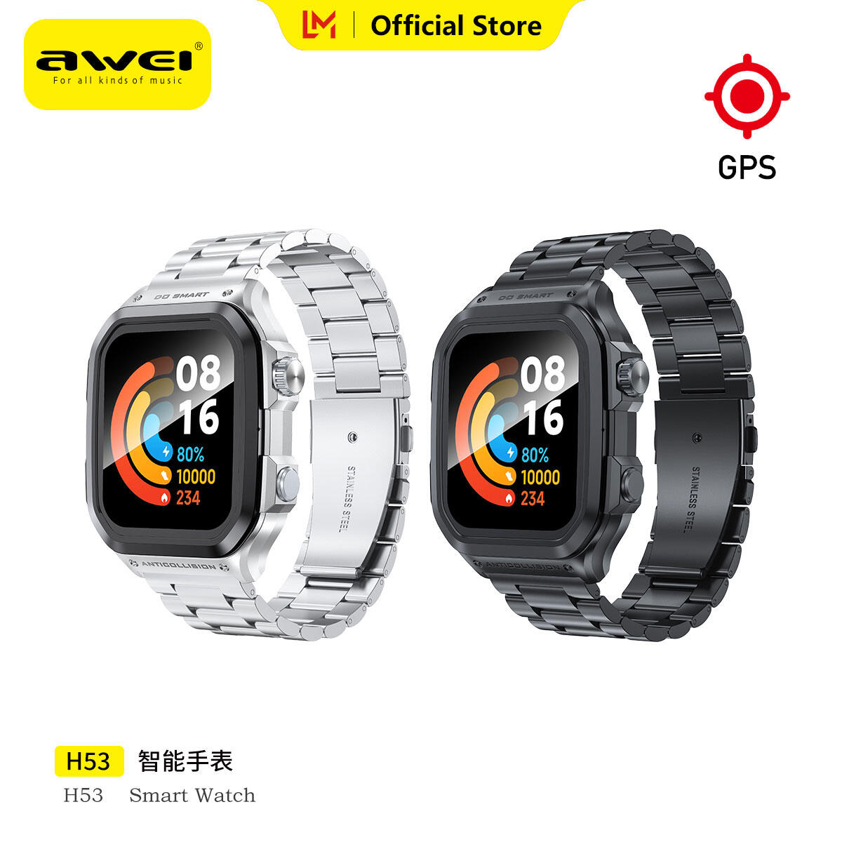 Awei H53 GPS Zinc Alloy Smart watch Bluetooth calling 5-7days play time 1.85 inch Ultra clear Screen 5 ATM Waterproof risks sleep monitoring compass barometer smartwatchs for Business success men women Outdoor sports ราคา 2,661 บาท*ส่งฟรี