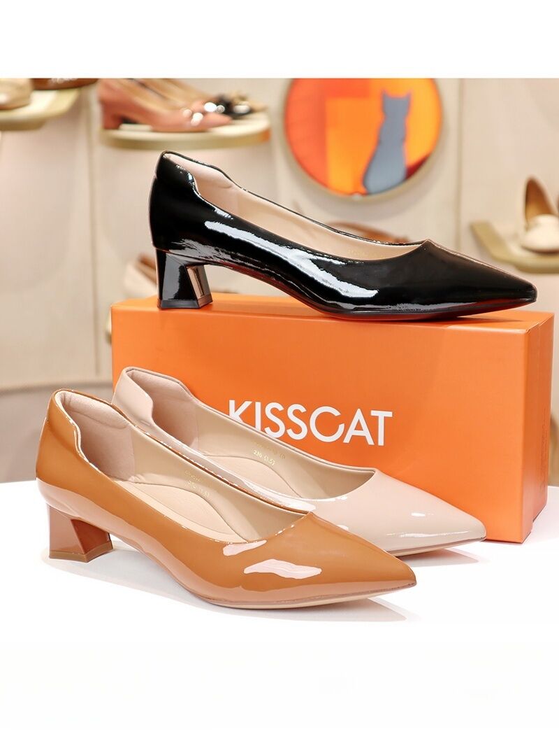 Kisscat Kiss Cat New Style Chunky High Heel Pointed Toe Genuine Leather Slip-On Women's Shoes Fashion Single Shoes KA54167-10. 