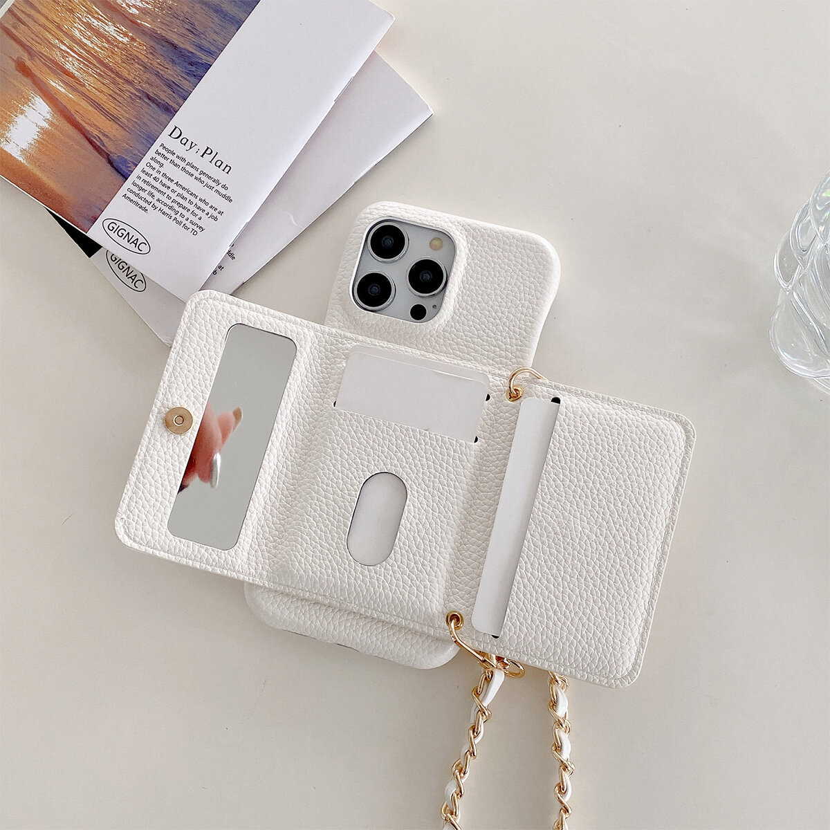 Luxury Wallet Phone Case With Metal Chain And Mirror For Iphone_voghion.com