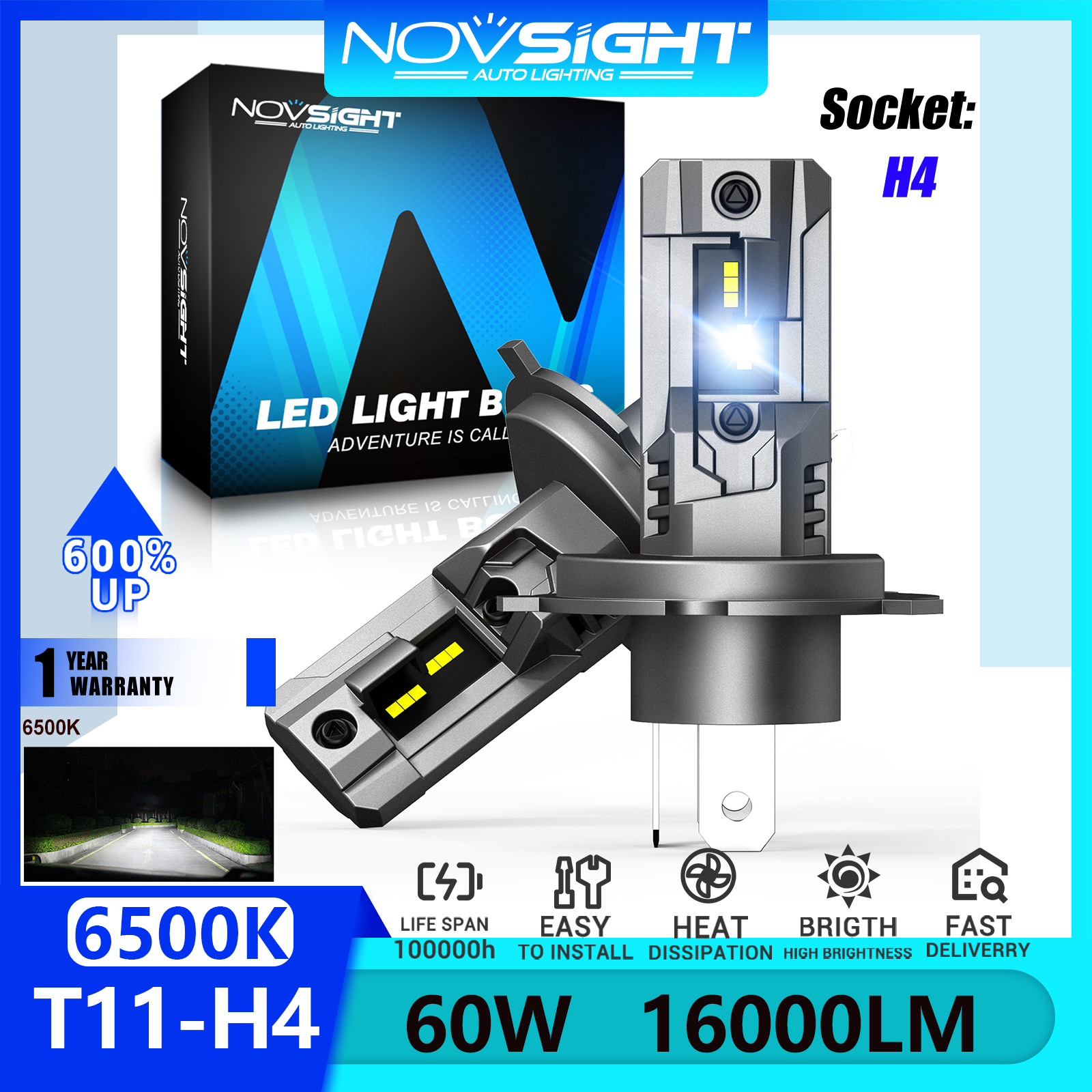 Novsight T11 H4 9003 HB2 Headlight Bulbs 60W 16000LM 6500K Super Bright LED Lights for Car High&Low Beam Plug&Play 2Pcs Mini 1:1 Design Giá 630,000 Đồng*Miễn phí vận chuyển