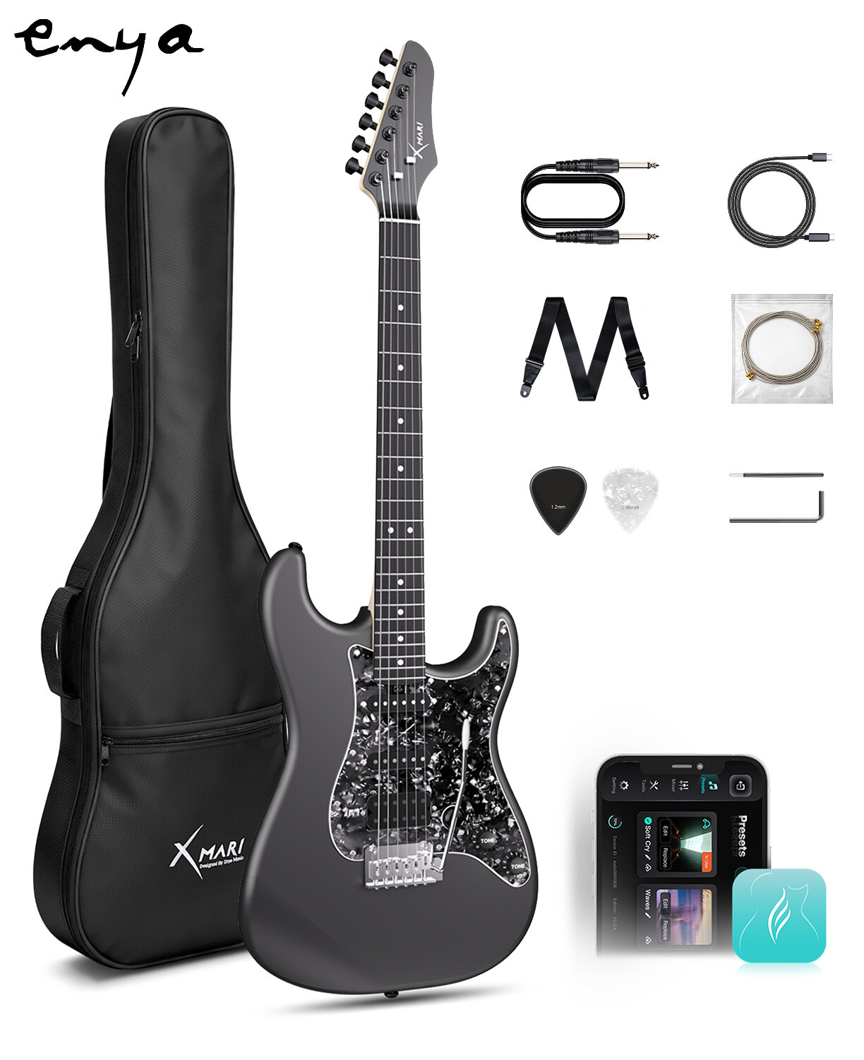 กีตาร์โปร่ง กีตาร์ไฟฟ้า อูคูเลเล่เสียงกังวานใส ENYA MUSIC ชุดกีตาร์ไฟฟ้า ENYA XMARI Smart Beginner พร้อมเอฟเฟกต์ในตัว | ตัวเครื่องคาร์บอนไฟเบอร์, การบันทึก USB-C, เอาต์พุตหูฟัง, ชุดอุปกรณ์ครบชุดขนาด 39 นิ้วพร้อมกระเป๋ากิก, การควบคุมแอป